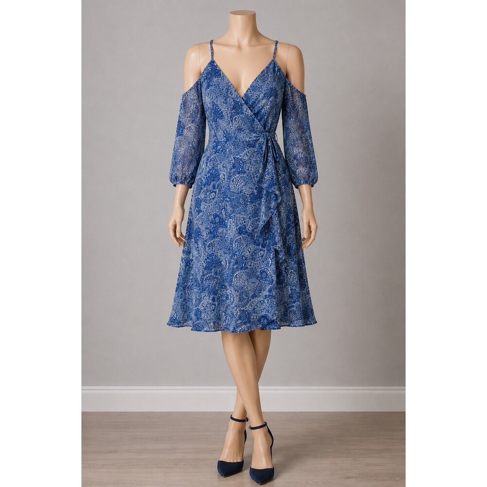 Michael Kors Blue Paisley Cold Shoulder Wrap Midi Dress Size 6 Ruffle Chiffon